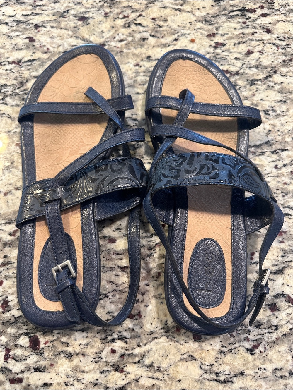 boc Navy Strappy Sandals with Embossed Floral Band